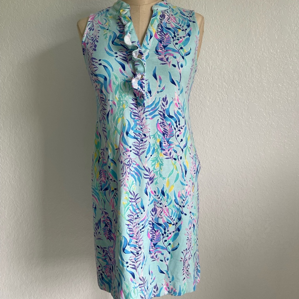Lilly Pulitzer Aqua and Pink Patterned Midi Dress